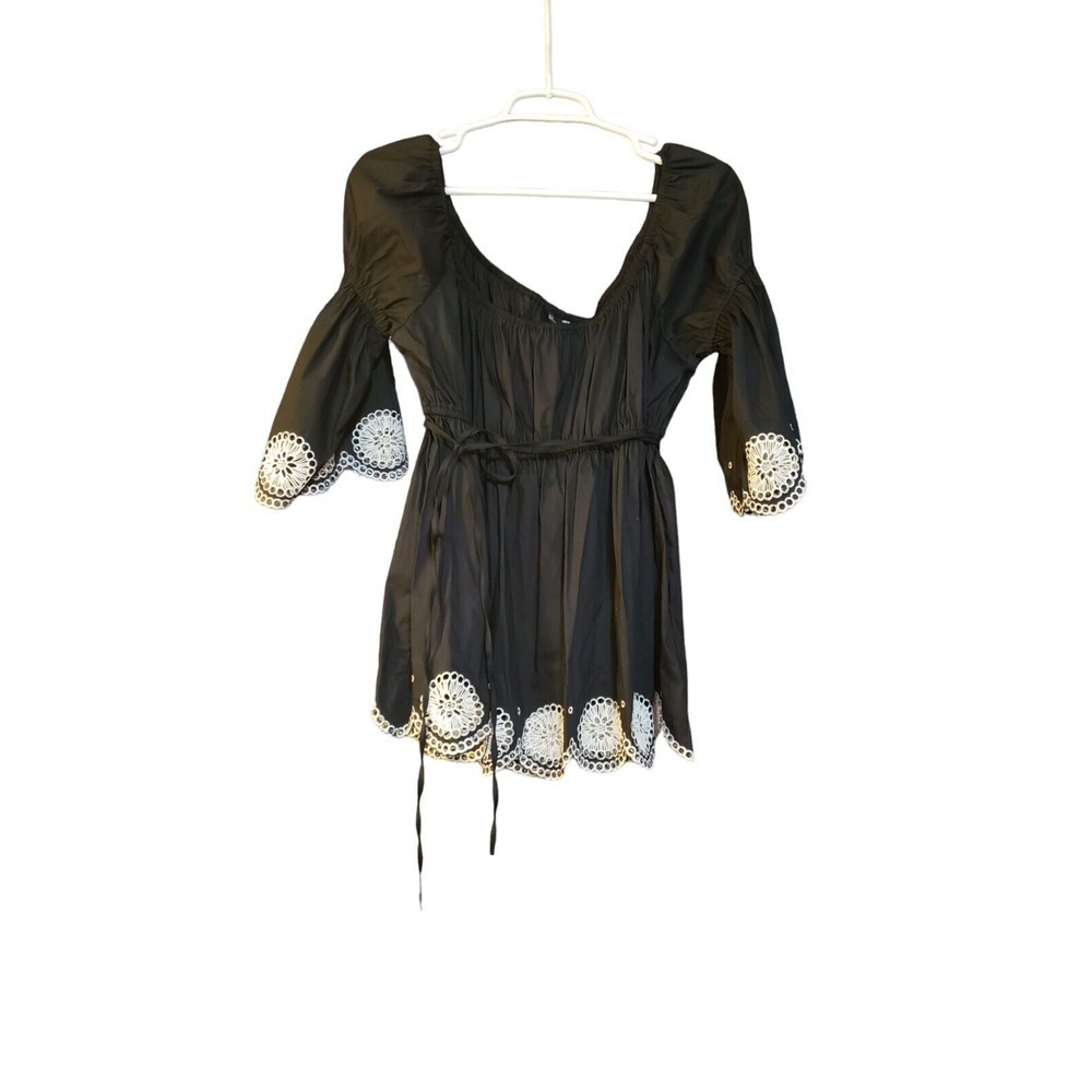 Boston Proper Pelum Blouse Stunning Black White Lace‎ Bell Sleeve BOHO Top SZ 14